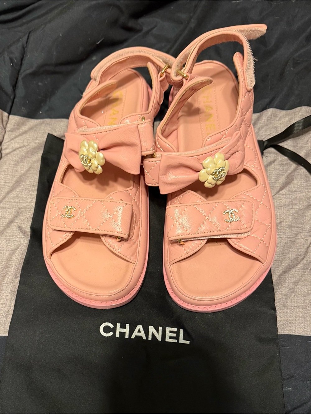 Pink Quilted Sandals with Camellia Accent